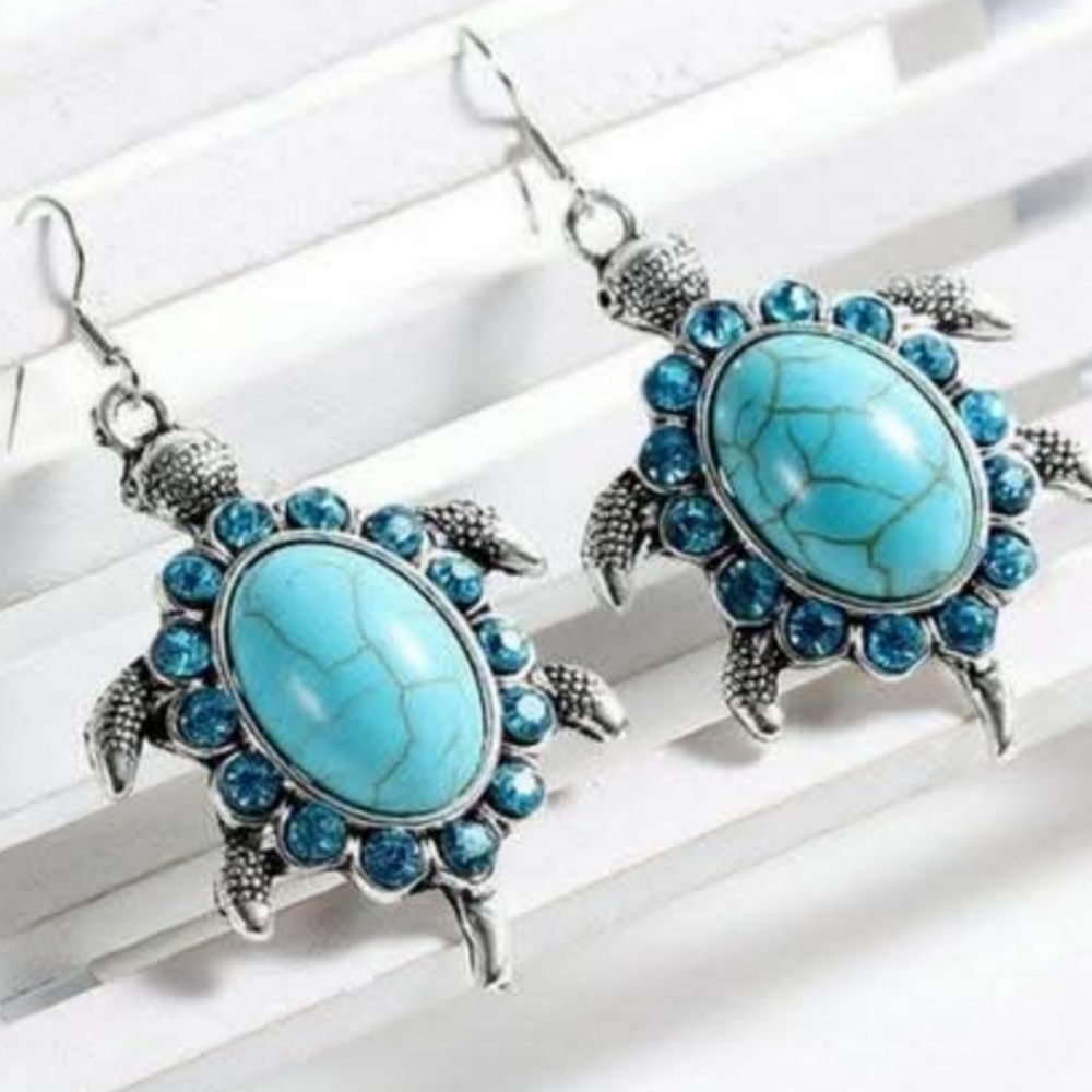 NWT Turquoise Sea Turtle Necklace & Dangle Earring Set - Boho - Silver - Picture 3 of 9
